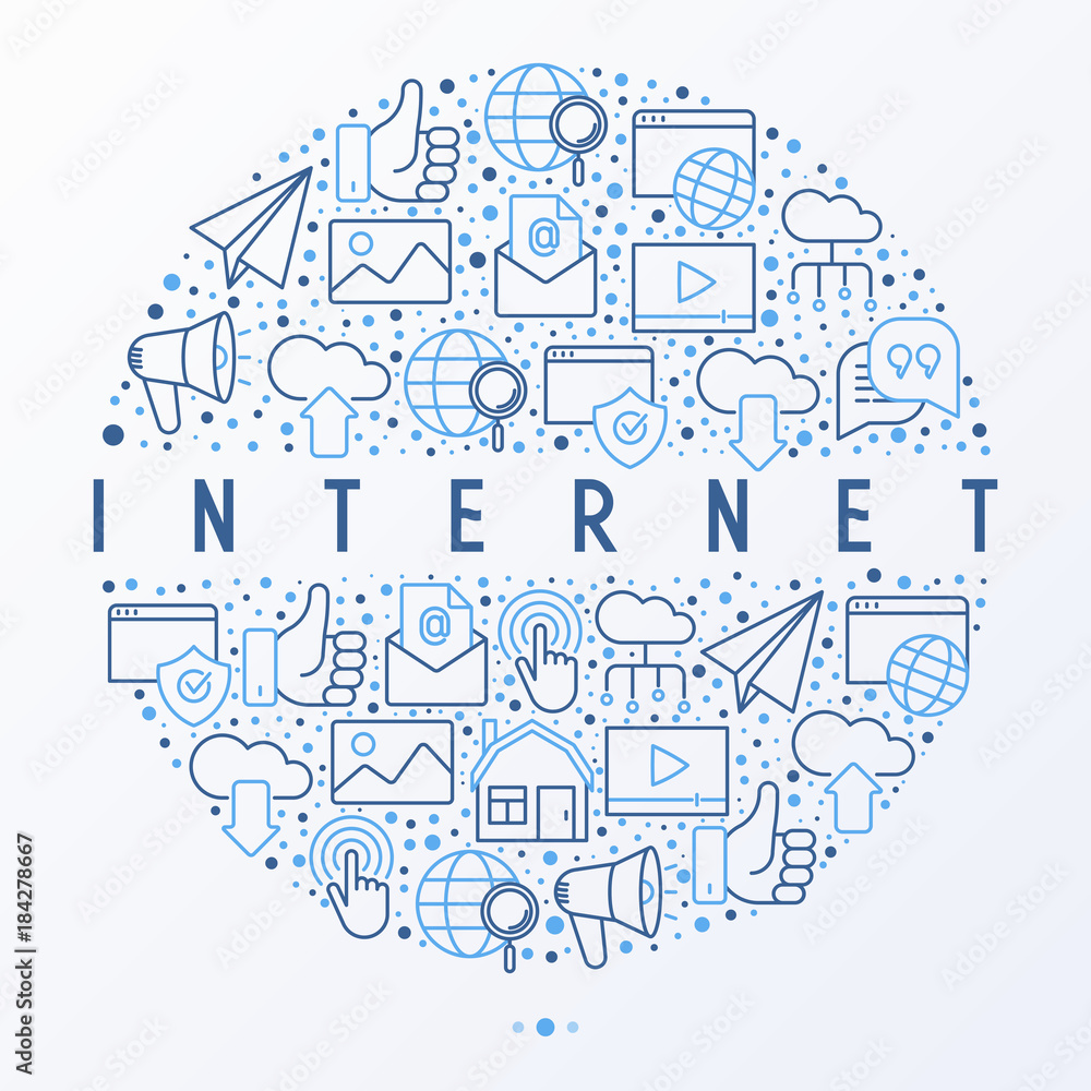 Internet concept in circle with thin line icons: e-mail, chat, laptop, share, cloud computing, seo, download, upload, stream, global connection. Modern vector illustration for web page.