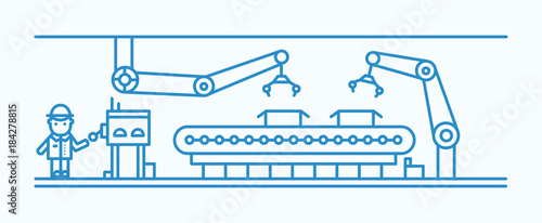 Industrial belt conveyor equipped with robotic arms conveying boxes and manufacturing factory worker in hard hat standing and controlling process. Monochrome vector illustration in line art style.