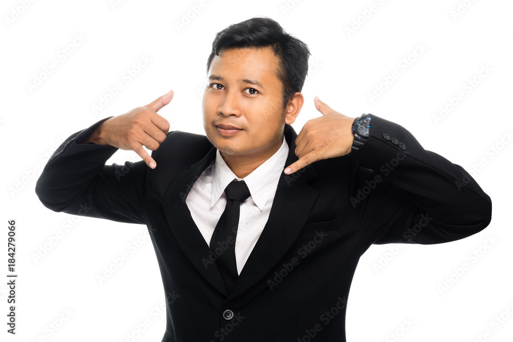 Portrait of a businessman making a calling sign with his hands. Isolated on white background Portrait of a businessman making a calling sign with his hands. Isolated on white background