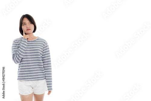 Beautiful asian woman is thinking, portrait studio on white background