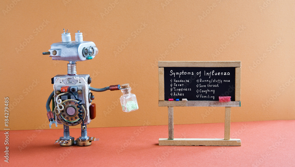 Flu season symptoms poster. Medic robot antiviral drugs tube