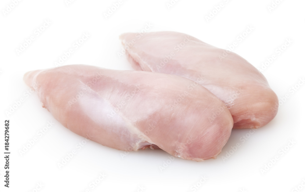 Raw skinless chicken breast fillet isolated on white background with clipping path Raw skinless chicken breast fillet isolated on white background with clipping path