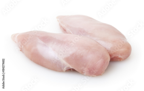 Raw skinless chicken breast fillet isolated on white background with clipping path