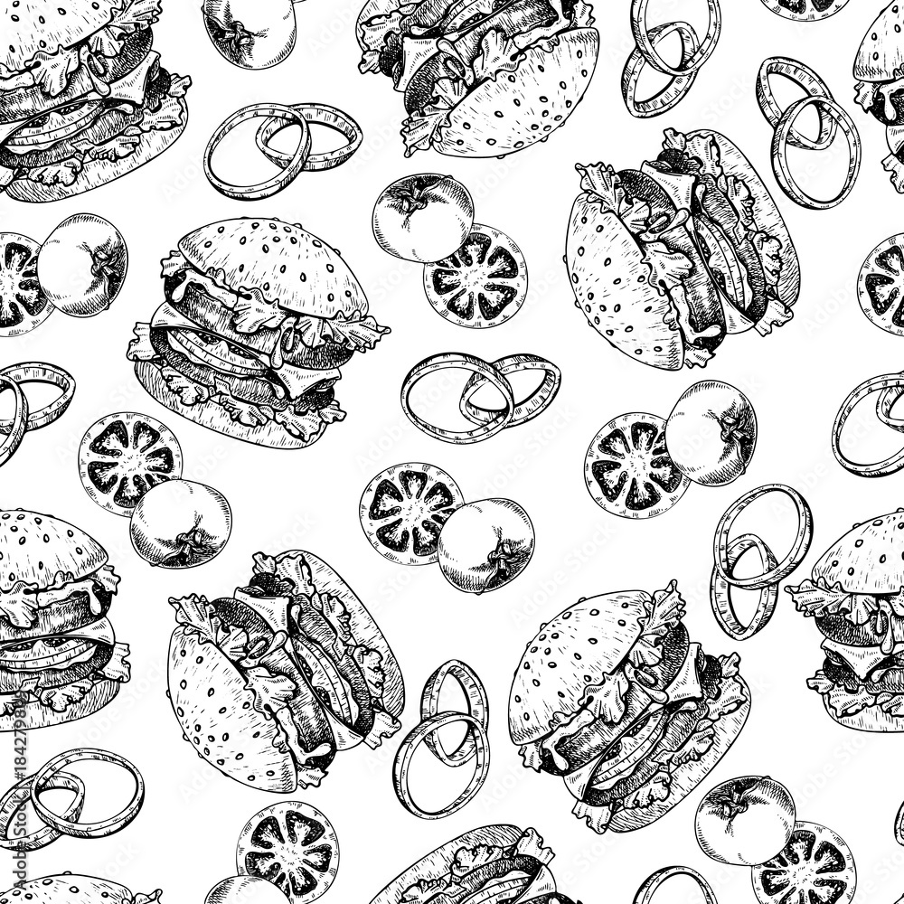 Vector hand drawn seamless pattern of burgers, tomato and onion. Hand drawn set of fast food. Vintage engraved illustration. Isolated on white. For restaurant, menu, street food, bakery, cafe, flyer