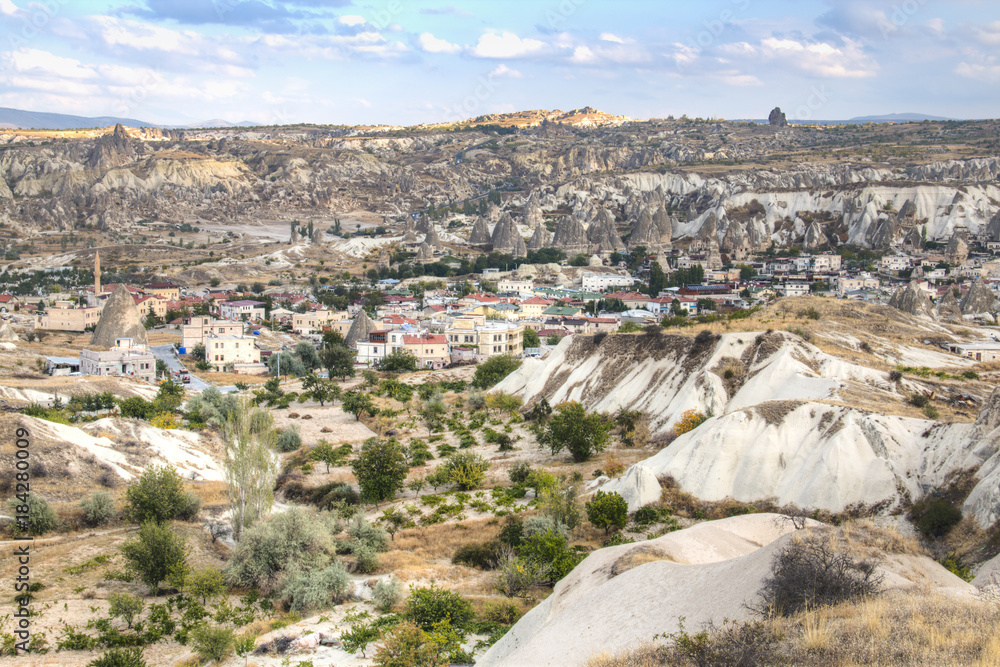 View over the famous town Goreme in the center of Cappadocia in Turkey
