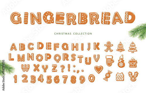 Christmas cartoon big set. Gingerbread alphabet and different cookies collection.