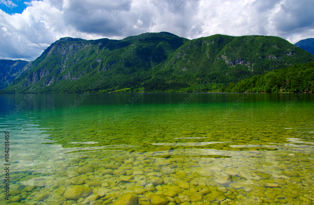 Mountain lake on sky