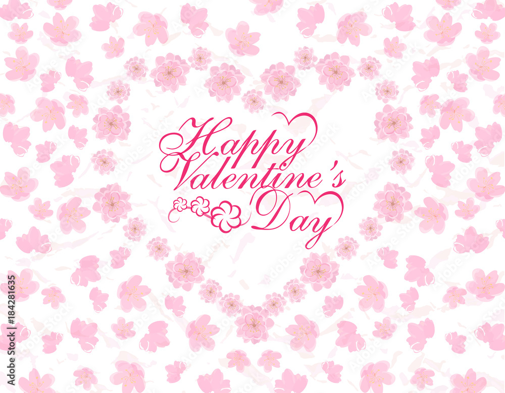 Valentine s Day. Card. Congratulatory inscription. Field and heart of pink flowers Sakura. illustration Valentine s Day. Card. Congratulatory inscription. Field and heart of pink flowers Sakura. illustration