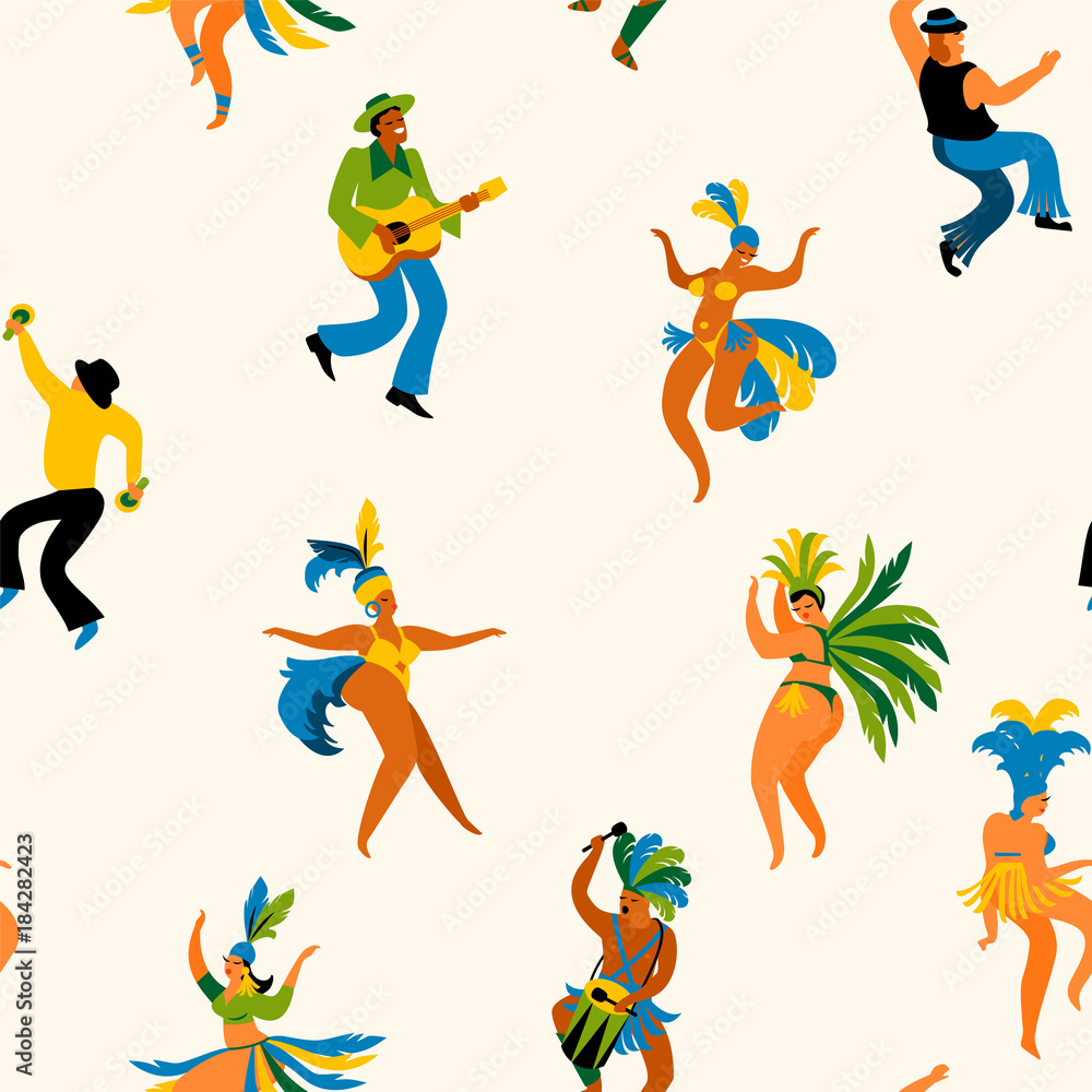 Brazil carnival. Seamless pattern with funny dancing men and women in bright costumes.