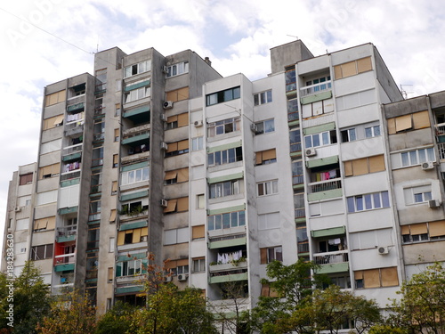 Looking up at a block of flats in Podgorica, Montenegro