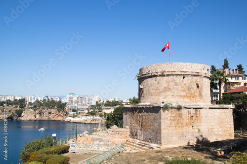 The historical tower near the sea in the center of Antalya in Turkey 