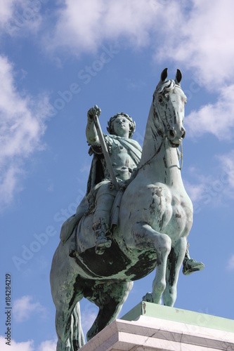 Statue of Frederick V by Jacques Franancis Joseph Saly at the centre of the Amalienborg Palace Square in Copenhagen  Denmark