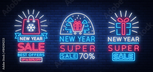 New Year sales set of cards in neon style. Collection of neon signs of posters on New Year's sales and discounts. Flyer, Postcard, banner, night shining sign of holiday discounts. Vector illustration