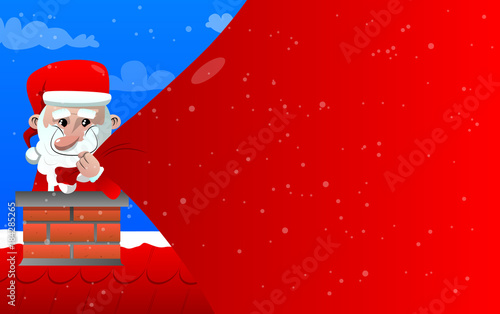 Santa Claus pulling huge bag of gifts with red copy space while he is in the chimney. Vector cartoon character illustration.