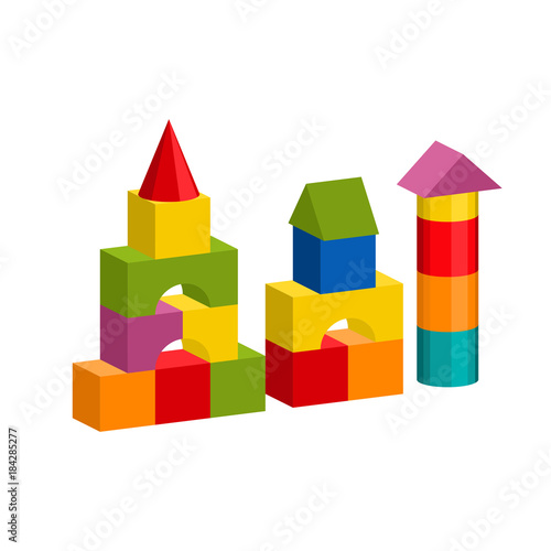 Bright colorful wooden blocks toy. Bricks childrens building tower, castle, house. Vector volume style illustration isolated on white background.