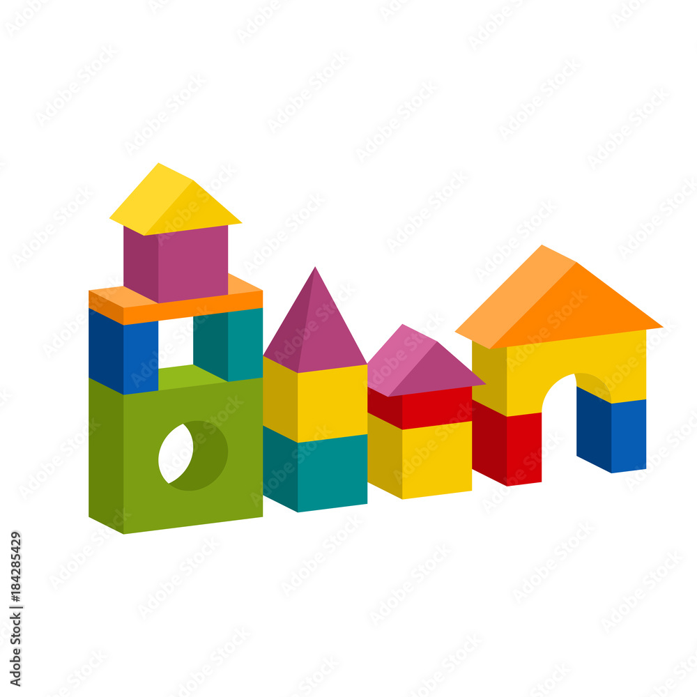 Bright colorful wooden blocks toy. Bricks childrens building tower, castle, house. Vector volume style illustration isolated on white background. Bright colorful wooden blocks toy. Bricks childrens building tower, castle, house. Vector volume style illustration isolated on white background.