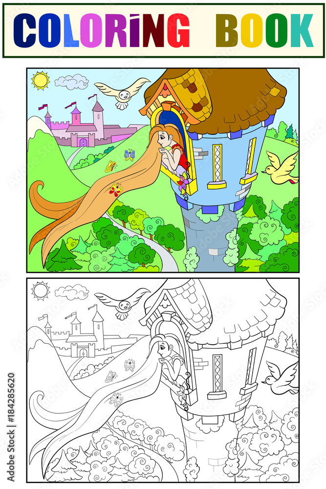 Fototapeta premium Princess Rapunzel in the stone tower coloring for children cartoon vector illustration