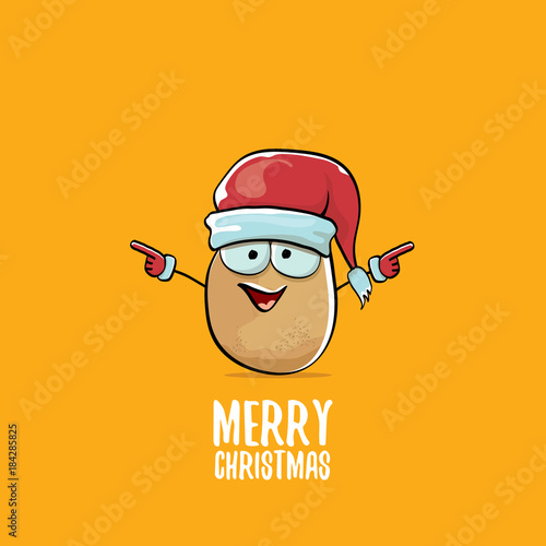 vector funky comic cartoon cute brown smiling santa claus potato with red santa hat and calligraphic merry christmas text isolated on orange background.