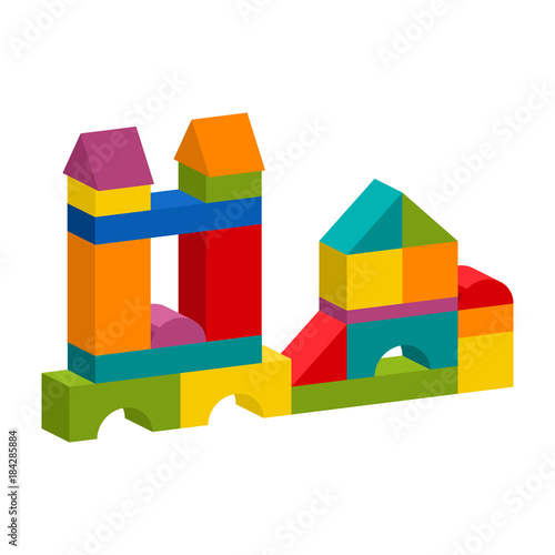 Bright colorful wooden blocks toy. Bricks childrens building tower, castle, house. Vector volume style illustration isolated on white background.