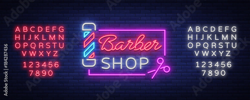 Barber shop logo neon sign, logo design elements. Can be used as a header or template for logos, labels, cards. Neon Signboard, Bright Lighting. Vector illustration. Editing text neon sign