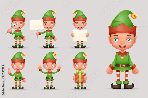 Boy Cute Elf Christmas Santa Claus Helper Teen New Year Holiday 3d Cartoon Characters Realistic Icons Set Design Vector Illustration