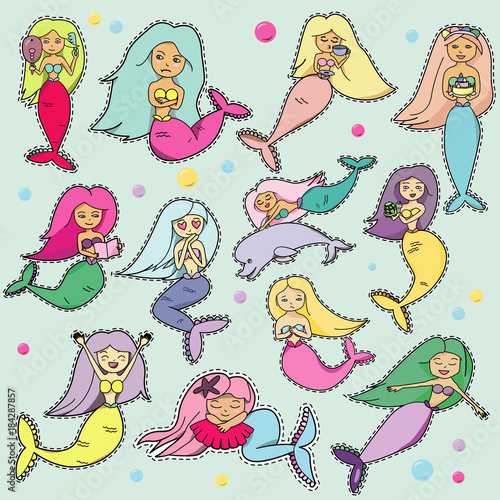 Set of cartoon cute mermaid stickers. Doodle patches with different emotions, joy, sleep, sadness, love. Collection of pins, patches comic style