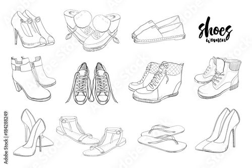 illustration of Set hand drawn graphic Men and women Footwear, shoes. Shoe for casual, sport and classical style, gumshoes, boots for all seasons. Doodle, drawing Design isolated object.