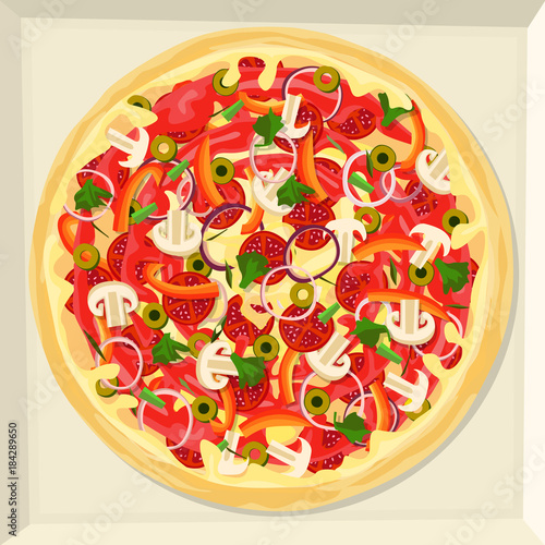 Vegetarian pizza with cheese, champignons and vegetables.