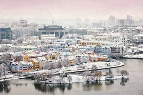 Beautiful winter view of the old town. Minsk. Belarus.