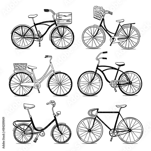 Bicycle vector set. Cute hand drawn bicycles and bikes. Vintage transport illustrations