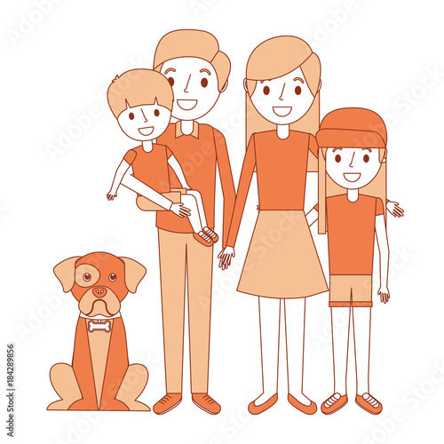 cute family dad mom little son and daughter their dog vector illustration