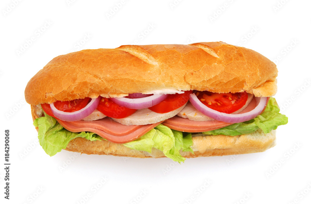 Long sandwich with ham, cheese, tomatoes, red onion and lettuce. Isolated on white Long sandwich with ham, cheese, tomatoes, red onion and lettuce. Isolated on white