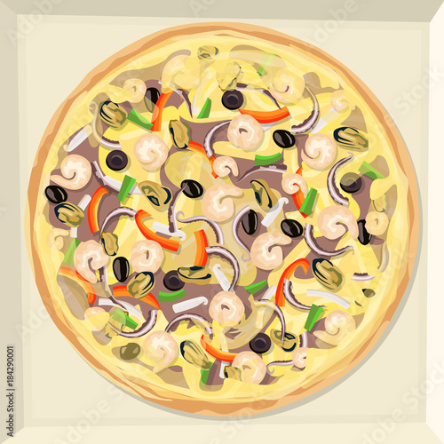 Pizza with seafood, cheese, vegetables and herbs.