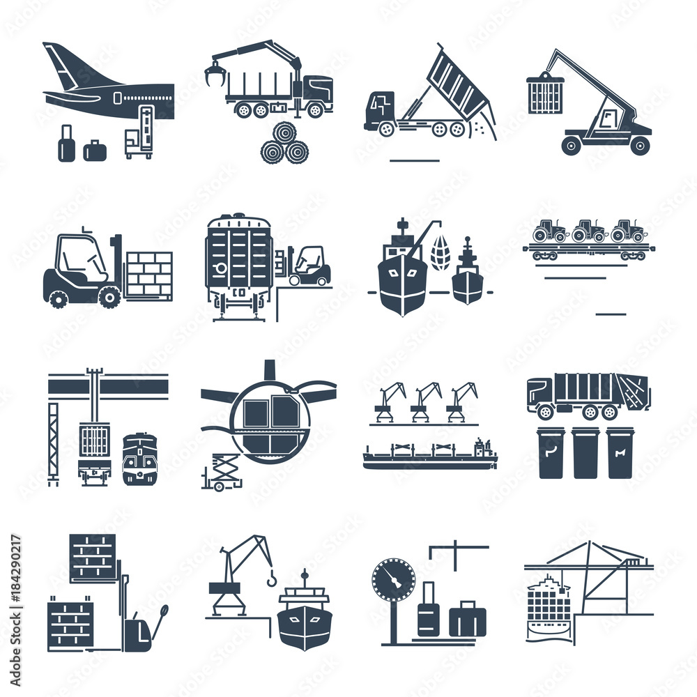 set of black icons loading and unloading of goods, storage