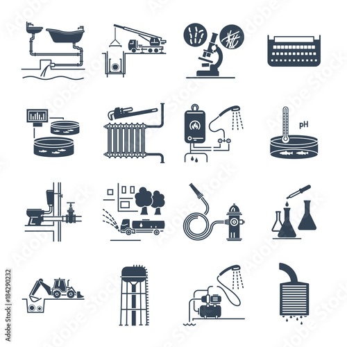 set of black icons plumbing and sewerage repair, service