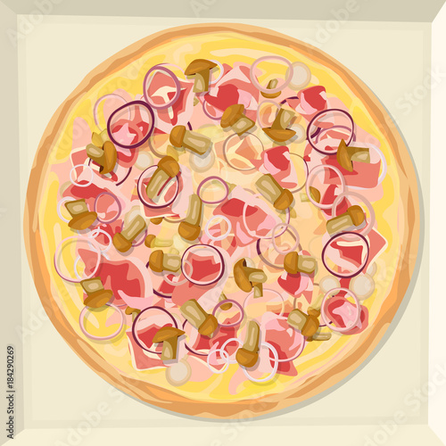 Pizza with cheese, ham, forest mushrooms and onions.