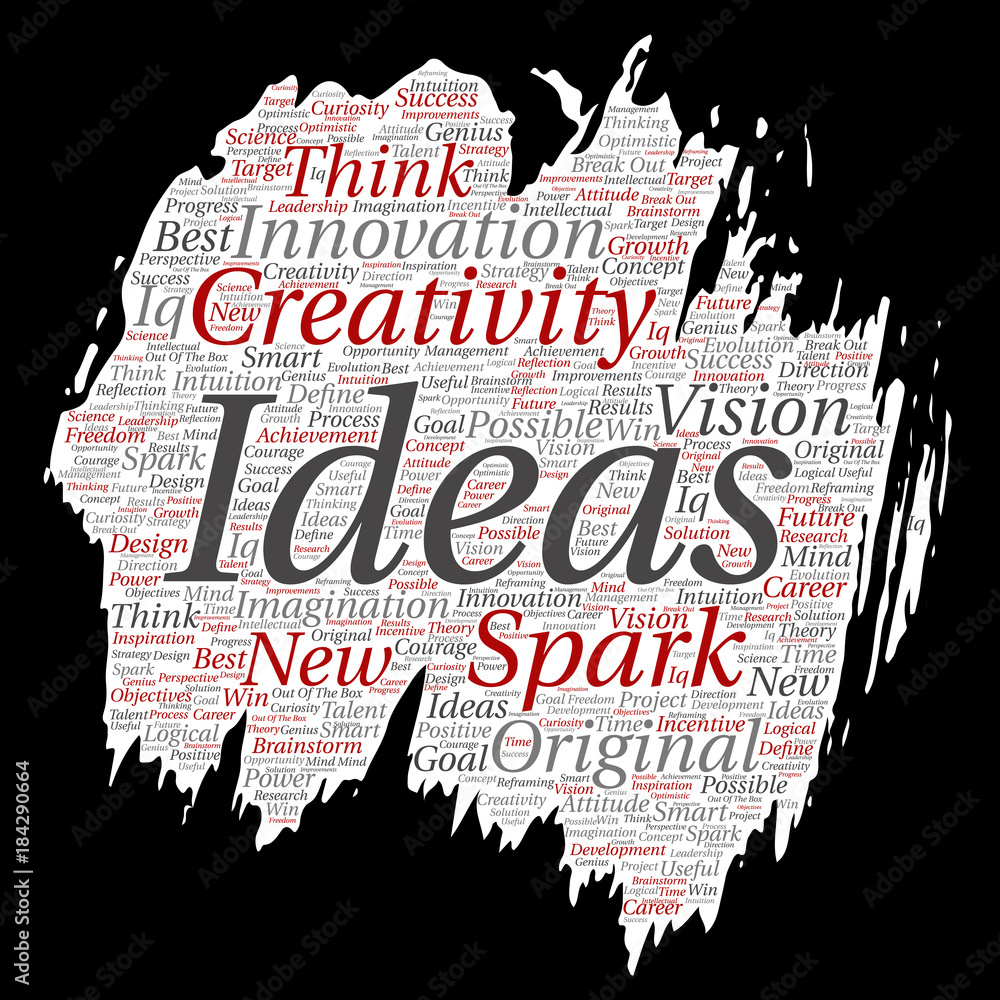Vector concept or conceptual creative idea brainstorming paint brush paper word cloud isolated background. Collage of spark creativity original, innovation vision, think, achievement or smart genius