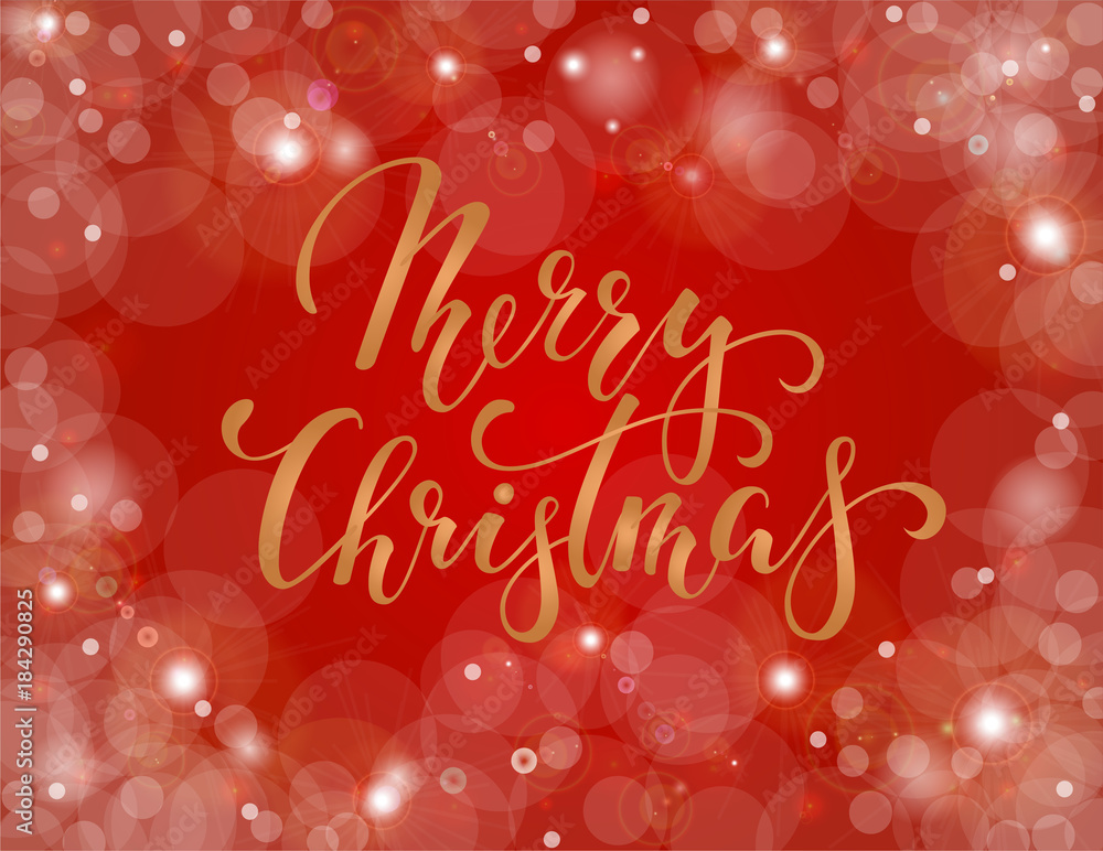 Merry Christmas. Hand drawn creative calligraphy, brush pen lettering on red background with bokeh. design for holiday greeting cards and invitations of the Merry Christmas and Happy New Year. Merry Christmas. Hand drawn creative calligraphy, brush pen lettering on red background with bokeh. design for holiday greeting cards and invitations of the Merry Christmas and Happy New Year.