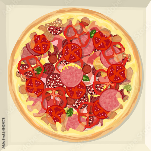Pizza with ham, various varieties of sausage, cheese, ketchup, vegetables and herbs.