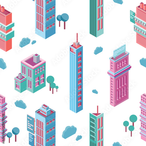 Seamless pattern with isometric city buildings and skyscrapers on white backg...