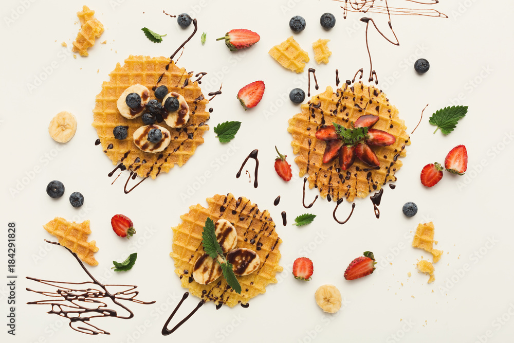 Waffles with fruits, breakfast background Waffles with fruits, breakfast background