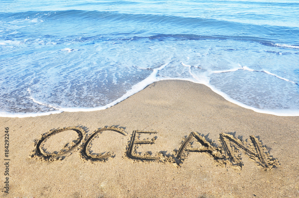 Fototapeta premium Word Ocean written on the beach with blue waves around