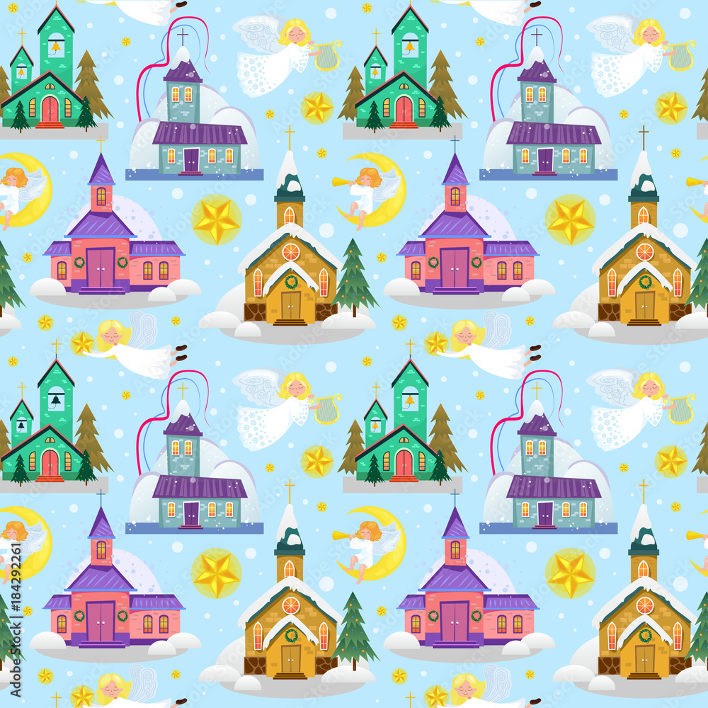 merry christmas and happy new year seamless pattern, church and green tree under snow, christianity and Catholic winter city cathedral vector illustration, religious holy background