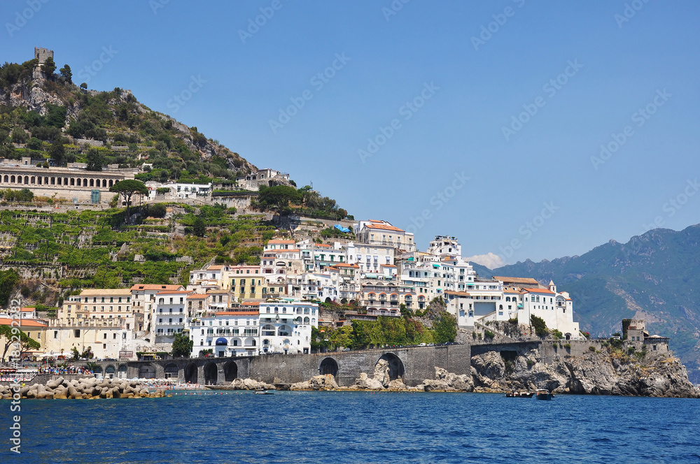 Scenic picture-postcard view of the beautiful town of Amalfi at famous Amalfi Coast with Gulf of Salerno, Campania, Italy