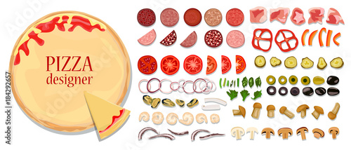 A set of different ingredients for pizza for self-creative. Basis, sausage, meat, seafood, fresh and pickled vegetables, mushrooms, cheese, tomato paste and greens.