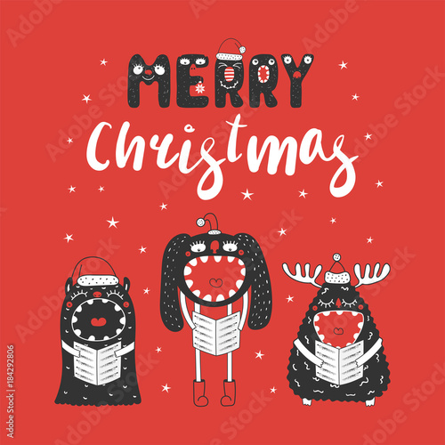 Hand drawn Christmas greeting card with cute funny monsters in Santa Claus hats, singing carols. Isolated objects on white background. Design concept for children, winter holidays. Vector illustration