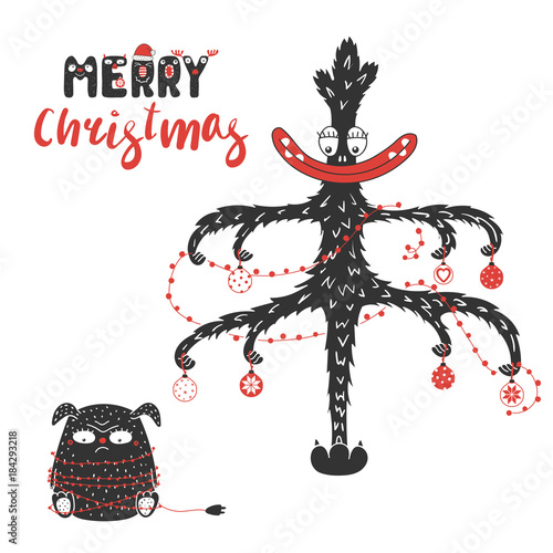 Hand drawn greeting card with cute funny monsters, tangled in garland, smiling Christmas tree. Isolated objects on white background. Design concept for children, winter holidays. Vector illustration.
