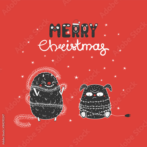 Hand drawn Christmas greeting card with cute funny monsters, tangled in garland, wrapped in tinsel. Isolated objects on white background. Design concept children, winter holidays. Vector illustration.
