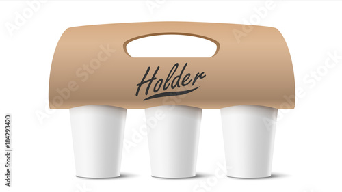 Coffee Cups Holder Vector. Realistic Mockup. Empty Packaging For Carrying. Three Cups. Hot Drink. Take Away Cafe Coffee Cups Holder Mockup. Isolated Illustration