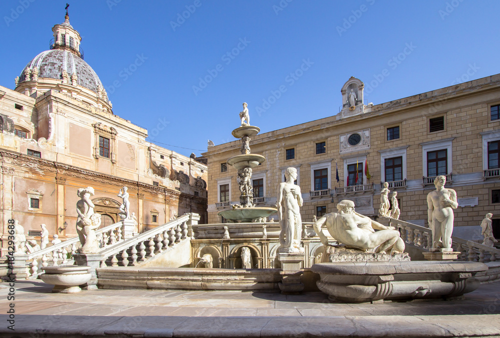 Fountain of shame on  Piazza Pretoria, Palermo, Italy